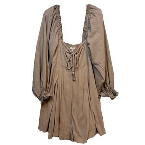 Chelsea & Violet Romper Long Puff Sleeve Boho Taupe Brown Tassel Tie Front L